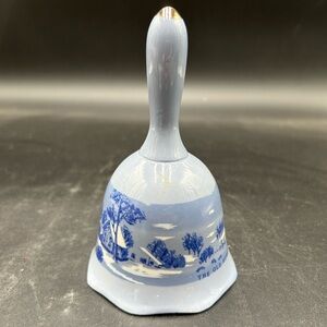 Vintage blue and white porcelain bell, Currier & Ives winter